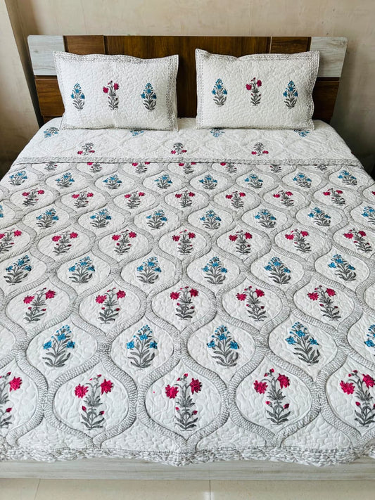 Block Printed Muse Bedcover with Quilted Pillow Covers - Double bed