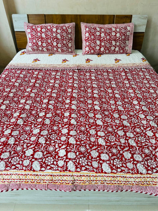 Block Printed Jaal Bedcover with Quilted Pillow Covers - Double bed