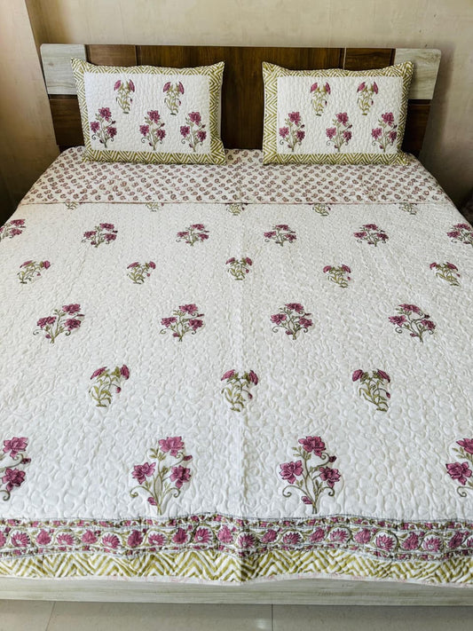 Block Printed Purple Bedcover with Quilted Pillow Covers - Double bed