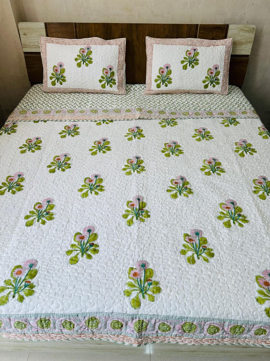 Block Printed Bedcover with Quilted Pillow Covers - Double bed Green