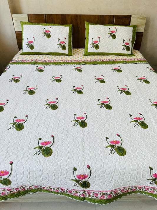 Block Printed Lotus Bedcover with Quilted Pillow Covers - Double bed