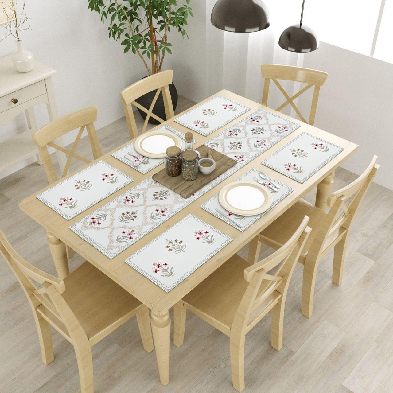 Bagh Canvas Cotton Table Mat + Runner Set - 7 pc