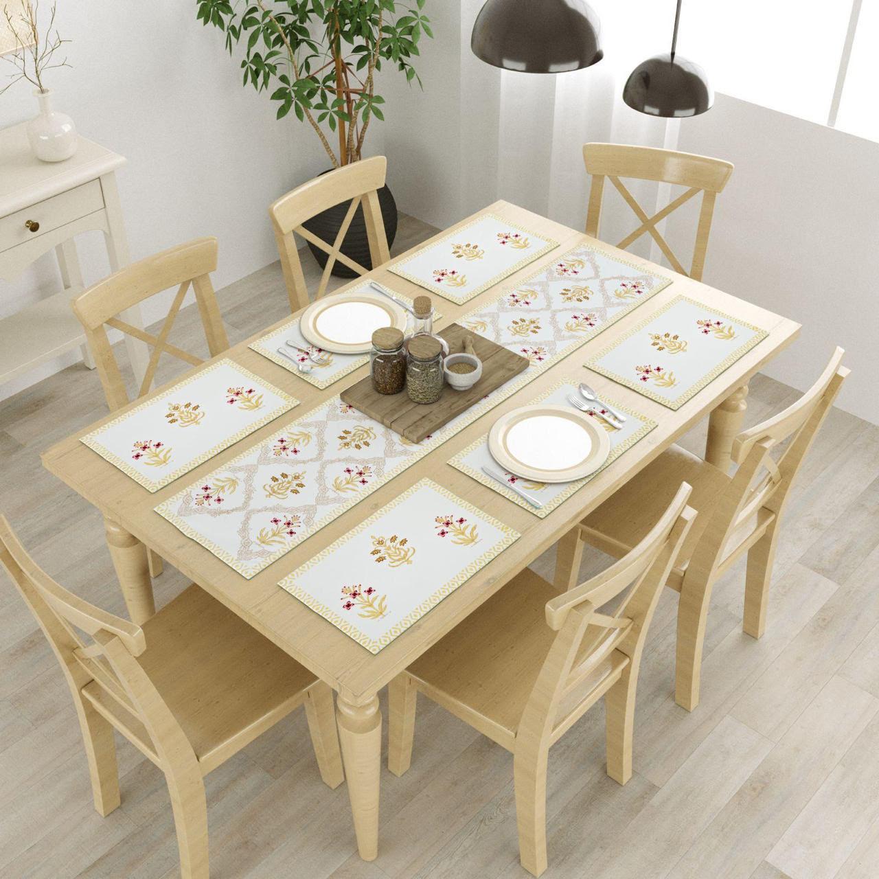 Bagh Canvas Cotton Table Mat + Runner Set - 7 pc