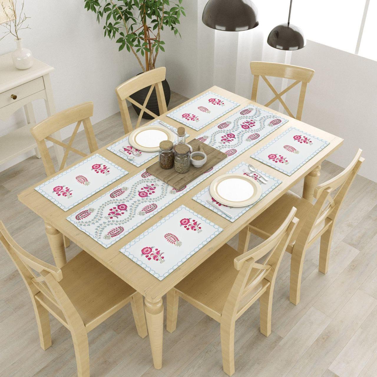 Floral Canvas Cotton Table Mat + Runner Set - 7 pc