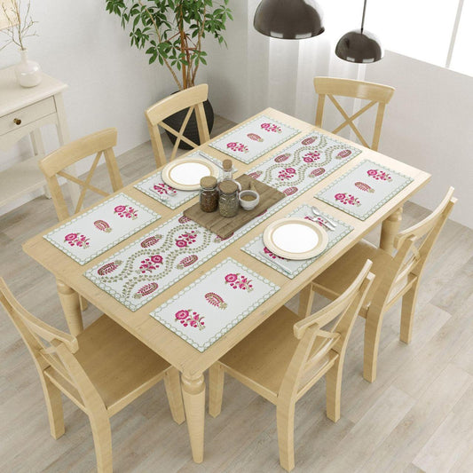 Floral Canvas Cotton Table Mat + Runner Set - 7 pc