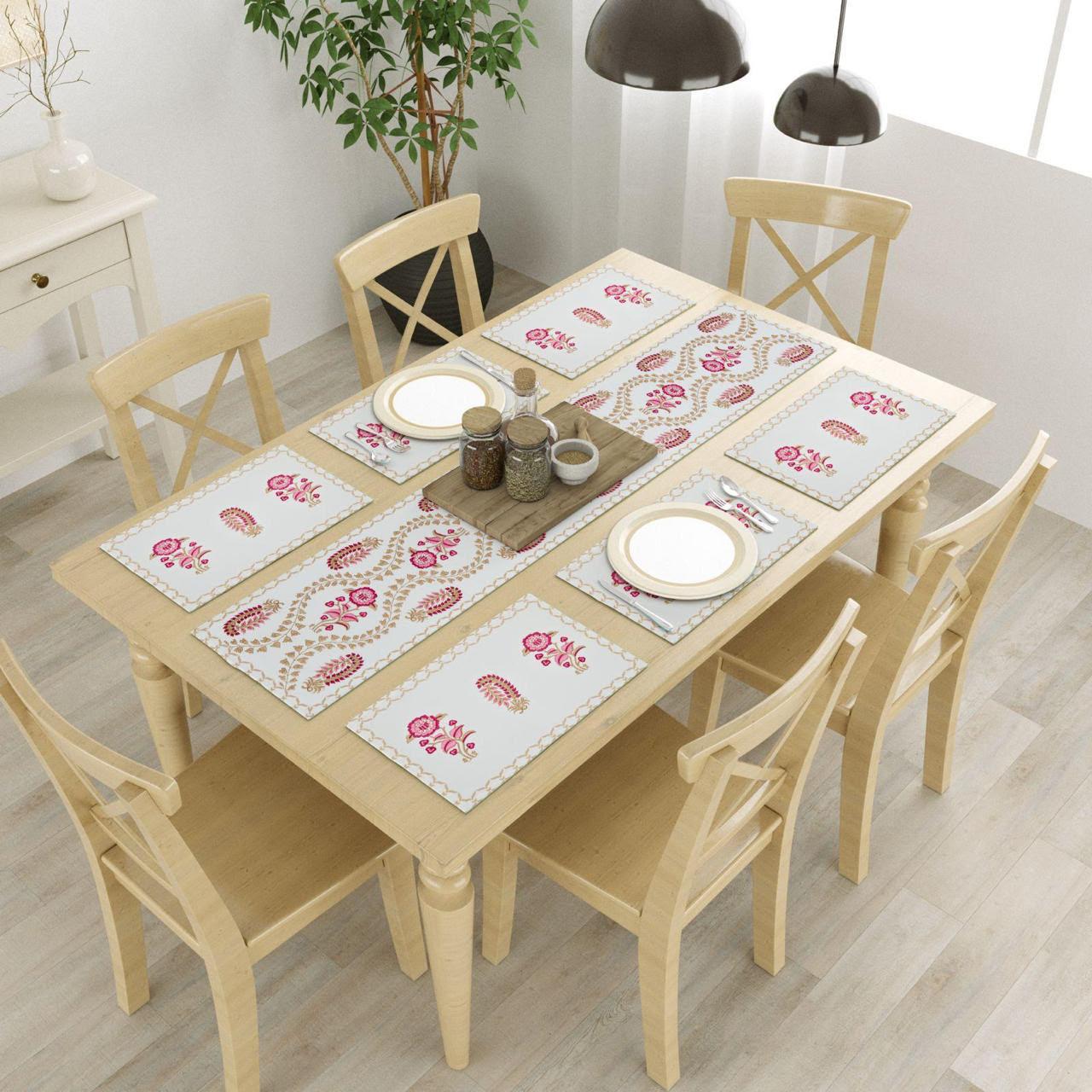 Floral Canvas Cotton Table Mat + Runner Set - 7 pc