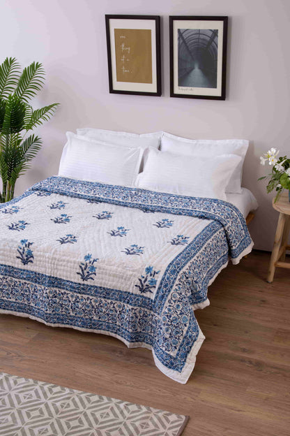 blue tree block print jaipuri razai double bed -lushfab jaipur