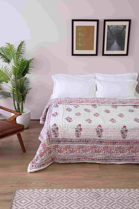 pink flower block print jaipuri razai for winters indian quilt