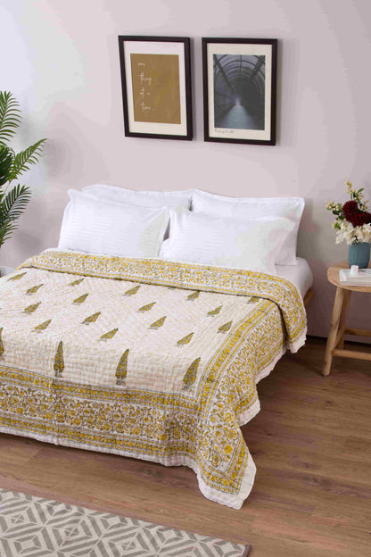 pure cotton yellow blockprint jaipuri razai online