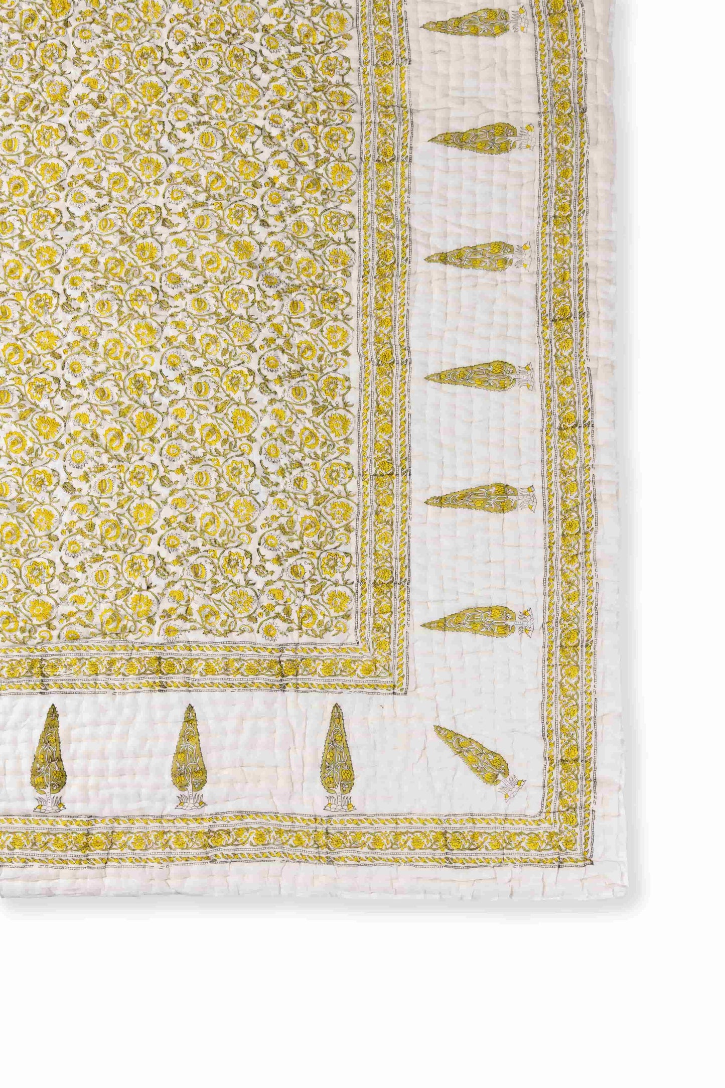 Yellow Pine Block Print Jaipuri Quilt