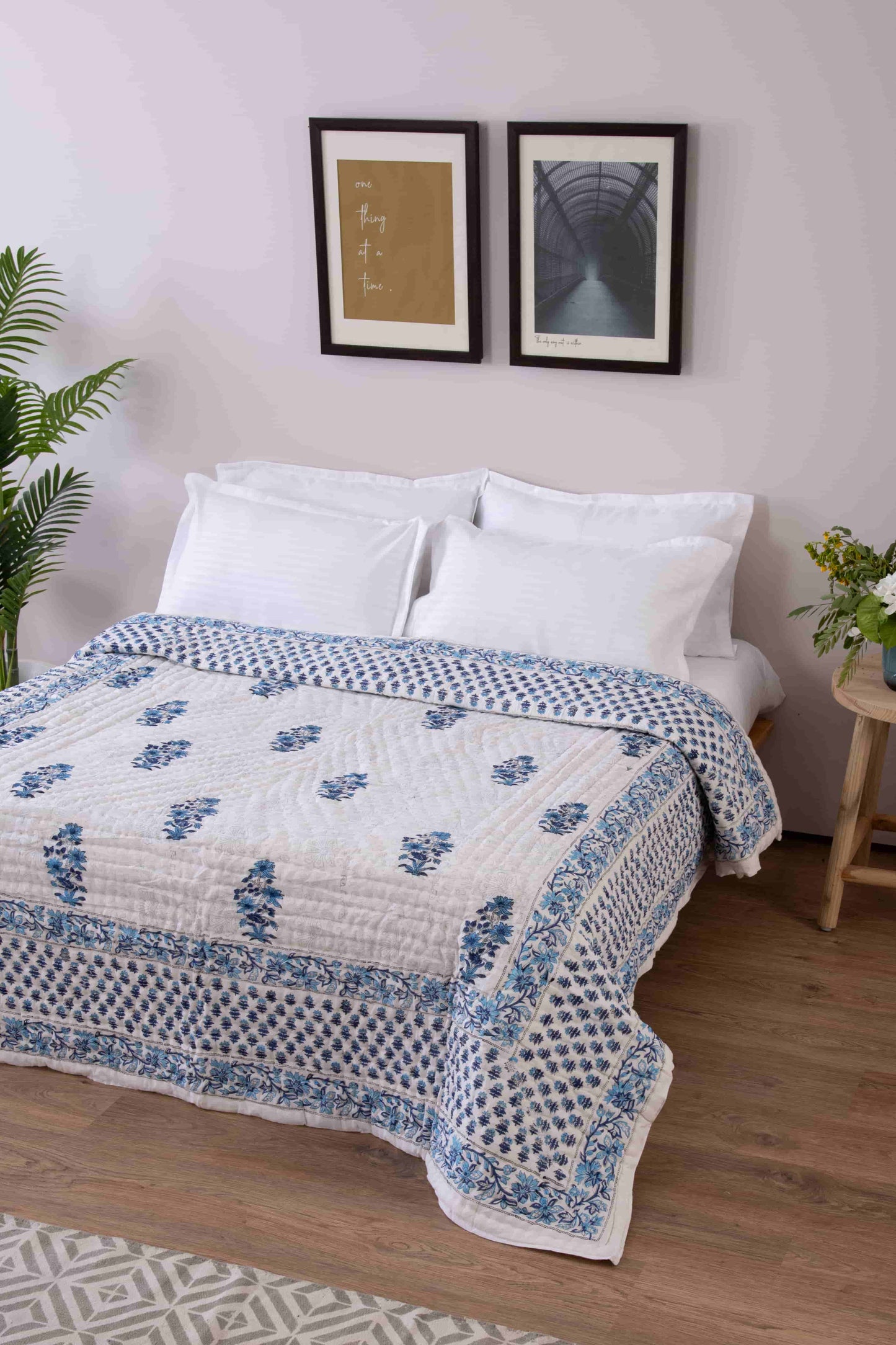blue tree block print jaipuri razai quilt king size online