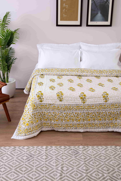 Classy Yellow Floral Block print Quilt