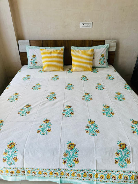 vibrant Indian floral cotton block print bedsheet for double bed