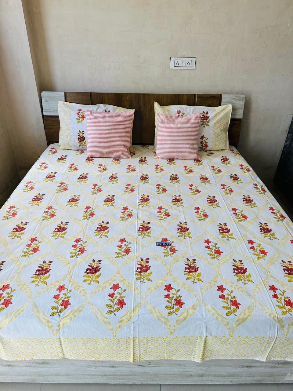 Red Lily Block Print Double Bed Bedsheet