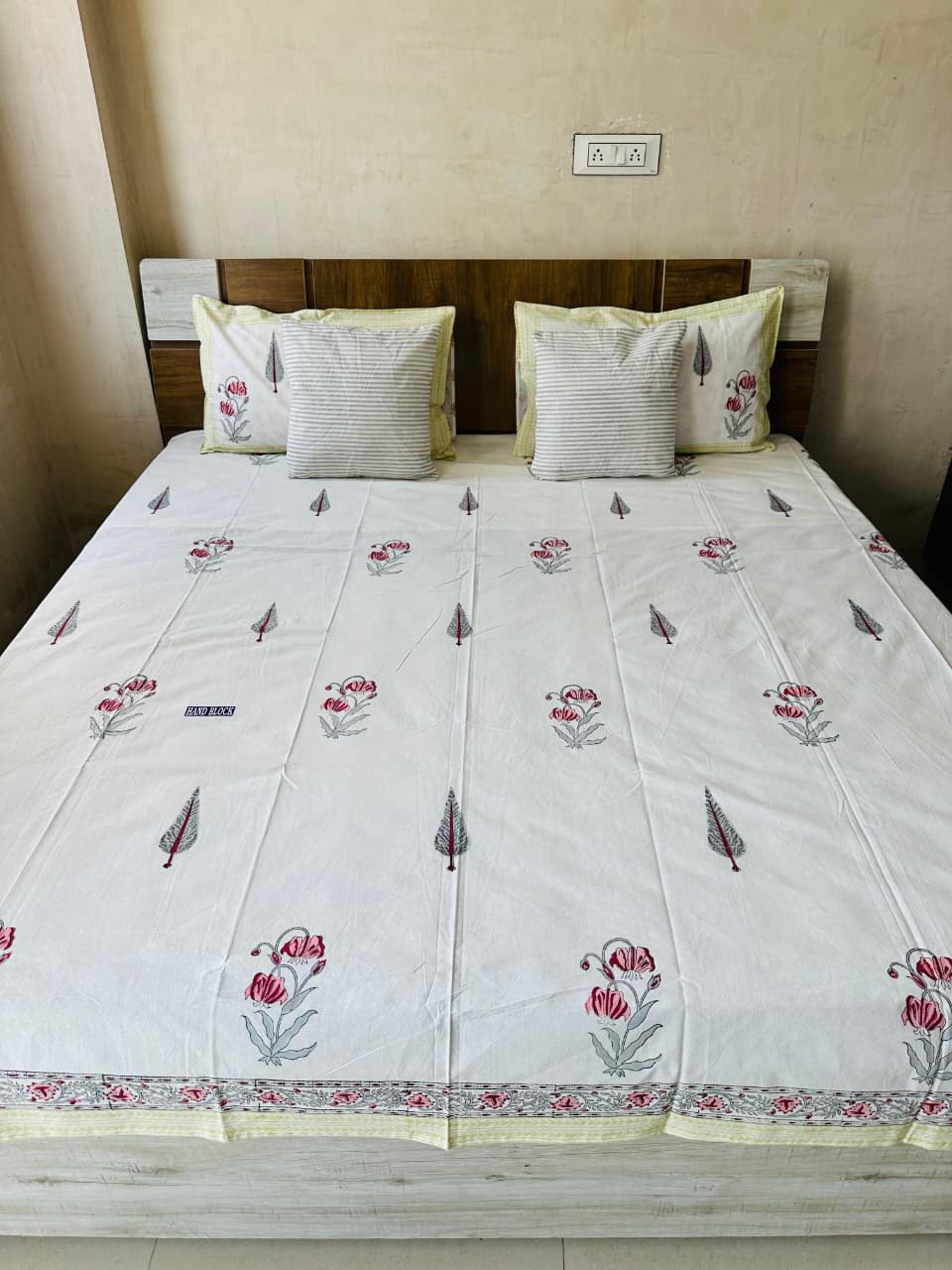 Cherry Red Block Print Double Bed Bedsheet