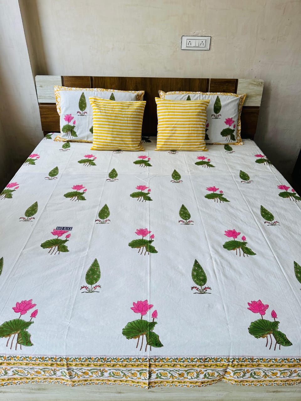 Pine Lotus Block Print Double Bed Bedsheet