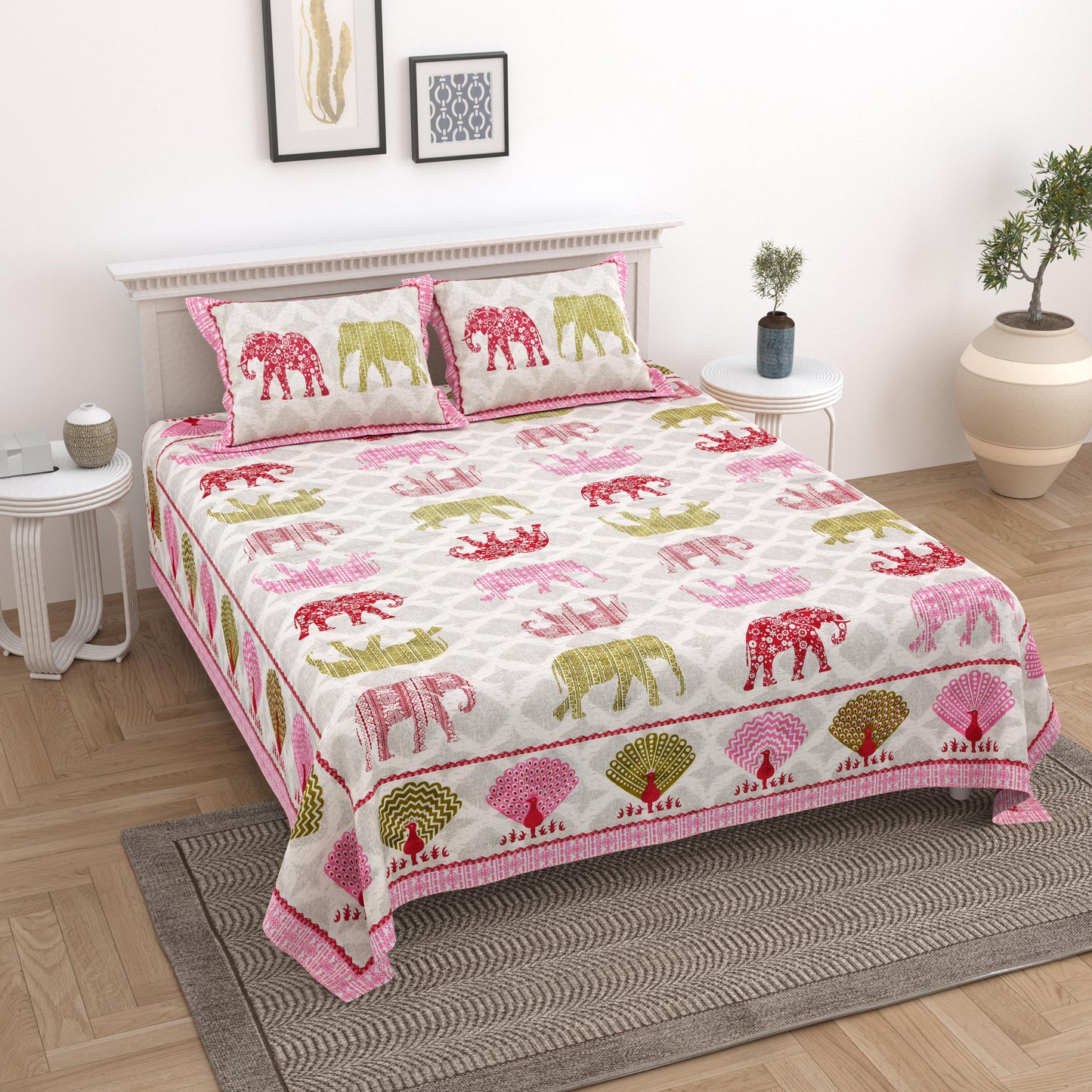 Ethnic Elephant Jaipuri Bedsheet Double Bed (90x108 inch)