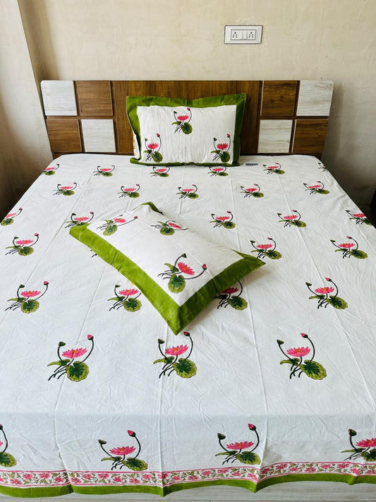 Pine Lotus Block Print King Size Bedsheet (108x108 inch)