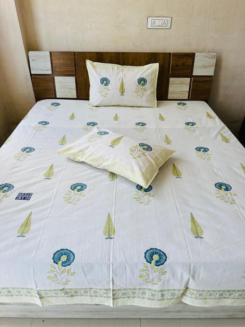 Blue Days Block Print King-size Bedsheet (108x108 inch)