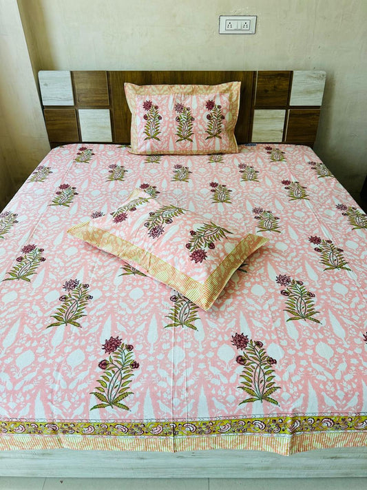 Pink Base Block Print King-size Bedsheet (108x108 inch)