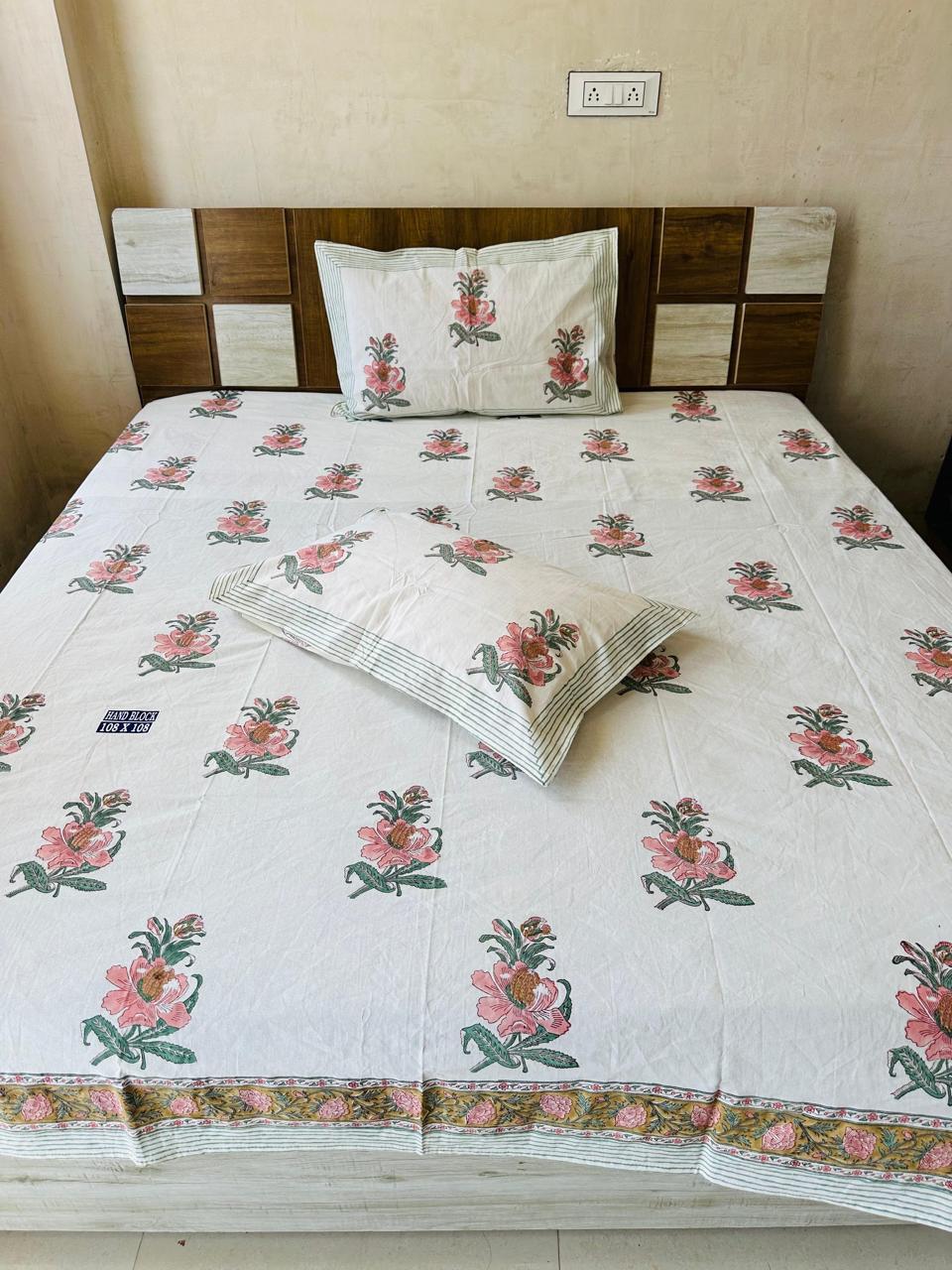 Tulip Block Print King-size Bedsheet (108x108 inch)