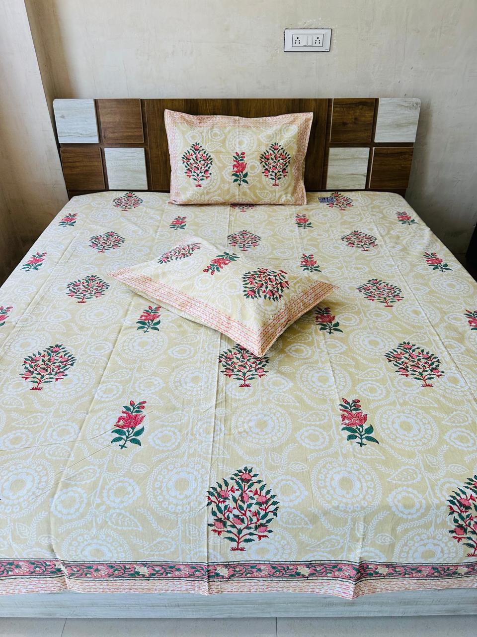 Cream Block Print King-size Bedsheet (108x108 inch)
