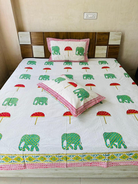 Elephant Block Print King-size Bedsheet (108x108 inch)