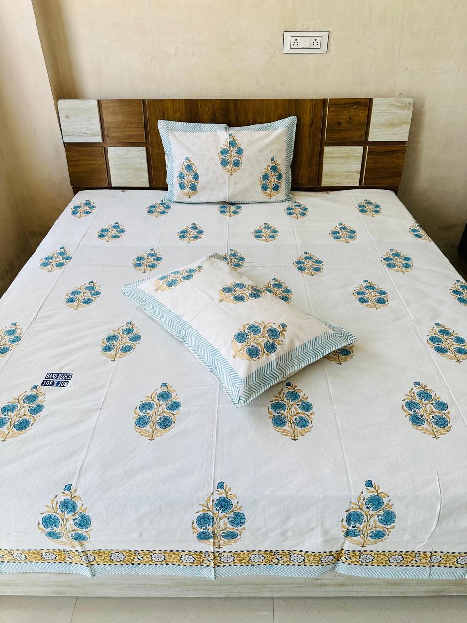 Blue Floral Block Print King-size Bedsheet (108x108 inch)