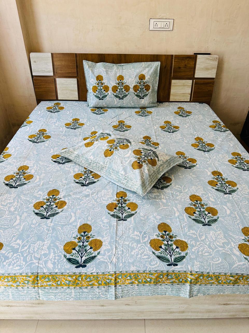 Marigold Block Print King-size Bedsheet (108x108 inch)