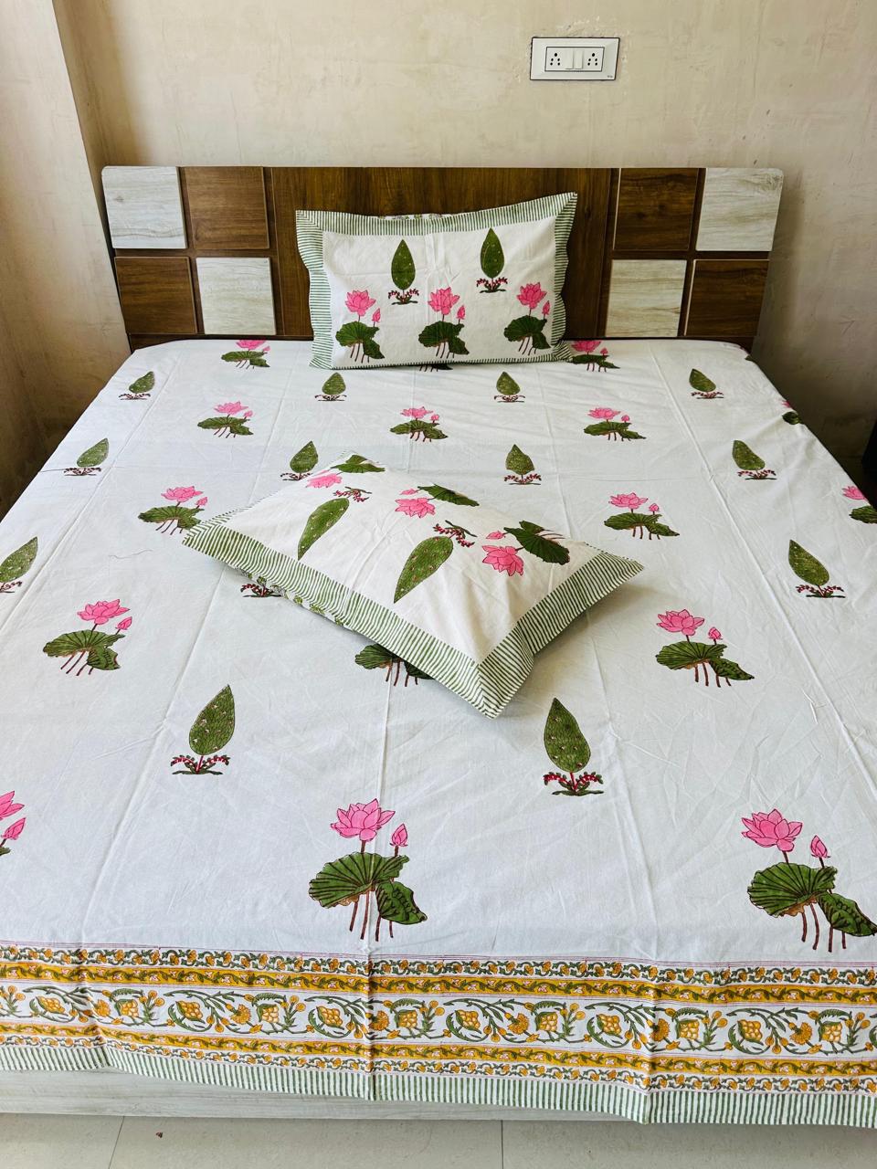 Lotus Block Print King-size Bedsheet (108x108 inch)
