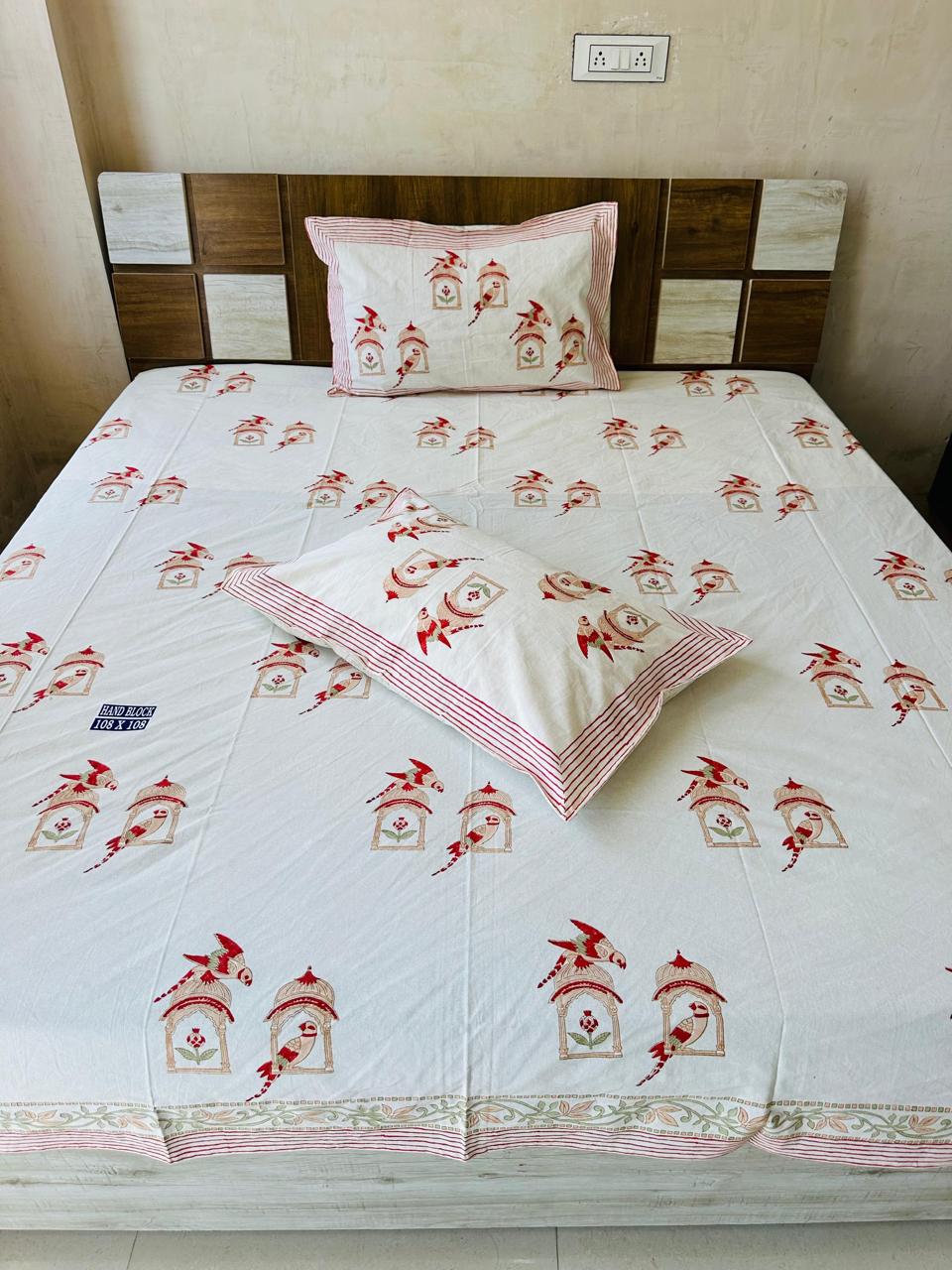 Bird Block Print King-size Bedsheet (108x108 inch)