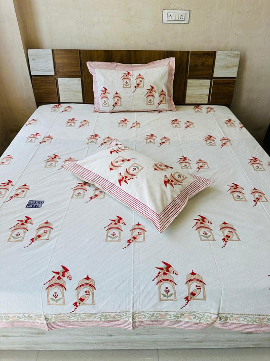Bird Block Print King-size Bedsheet (108x108 inch)