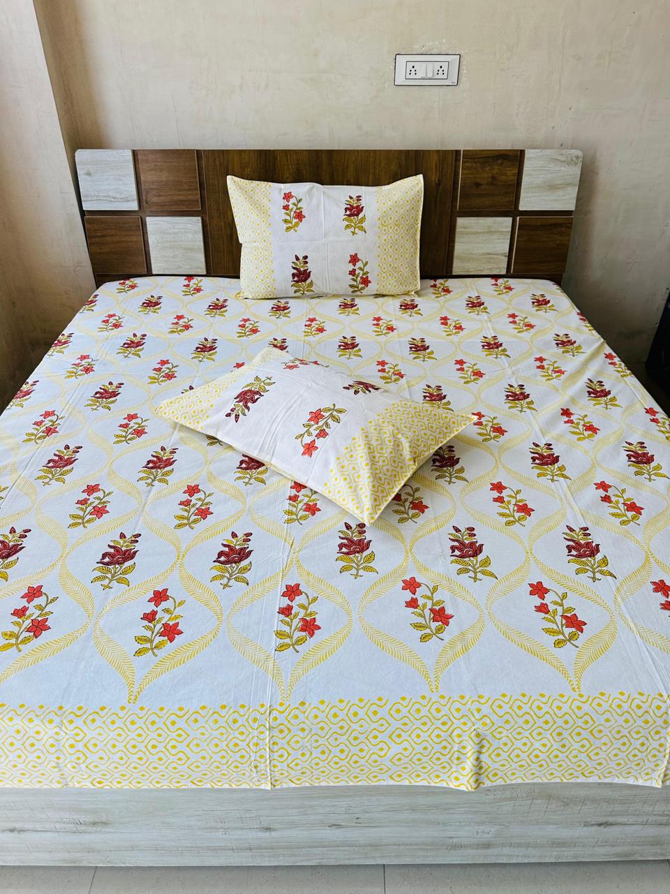 Red Lily Block Print King-size Bedsheet (108x108 inch)