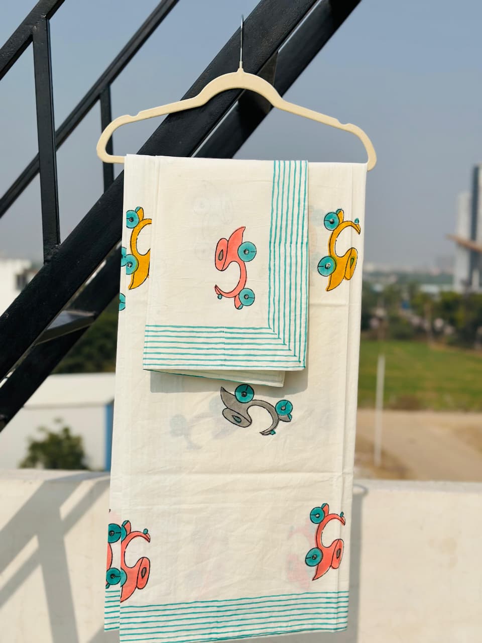 colourful block print cotton bedsheet with pillow cover for kids