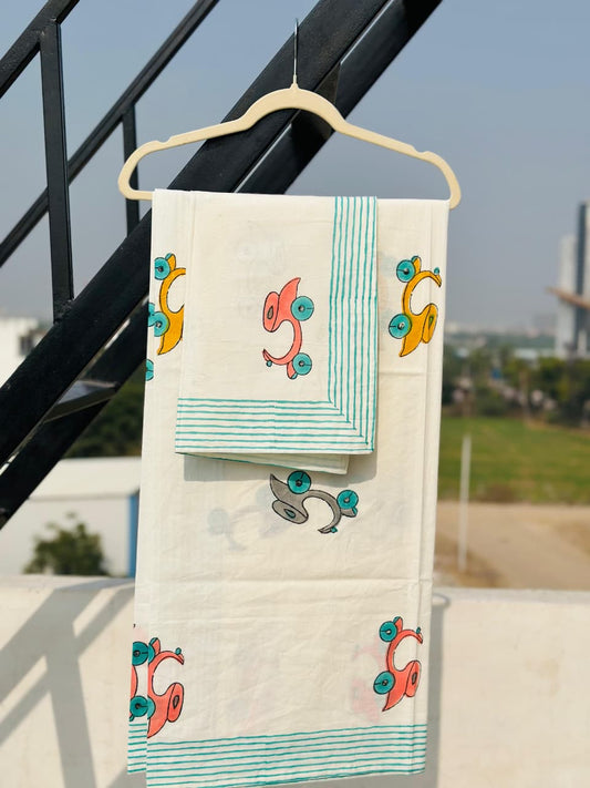 colourful block print cotton bedsheet with pillow cover for kids