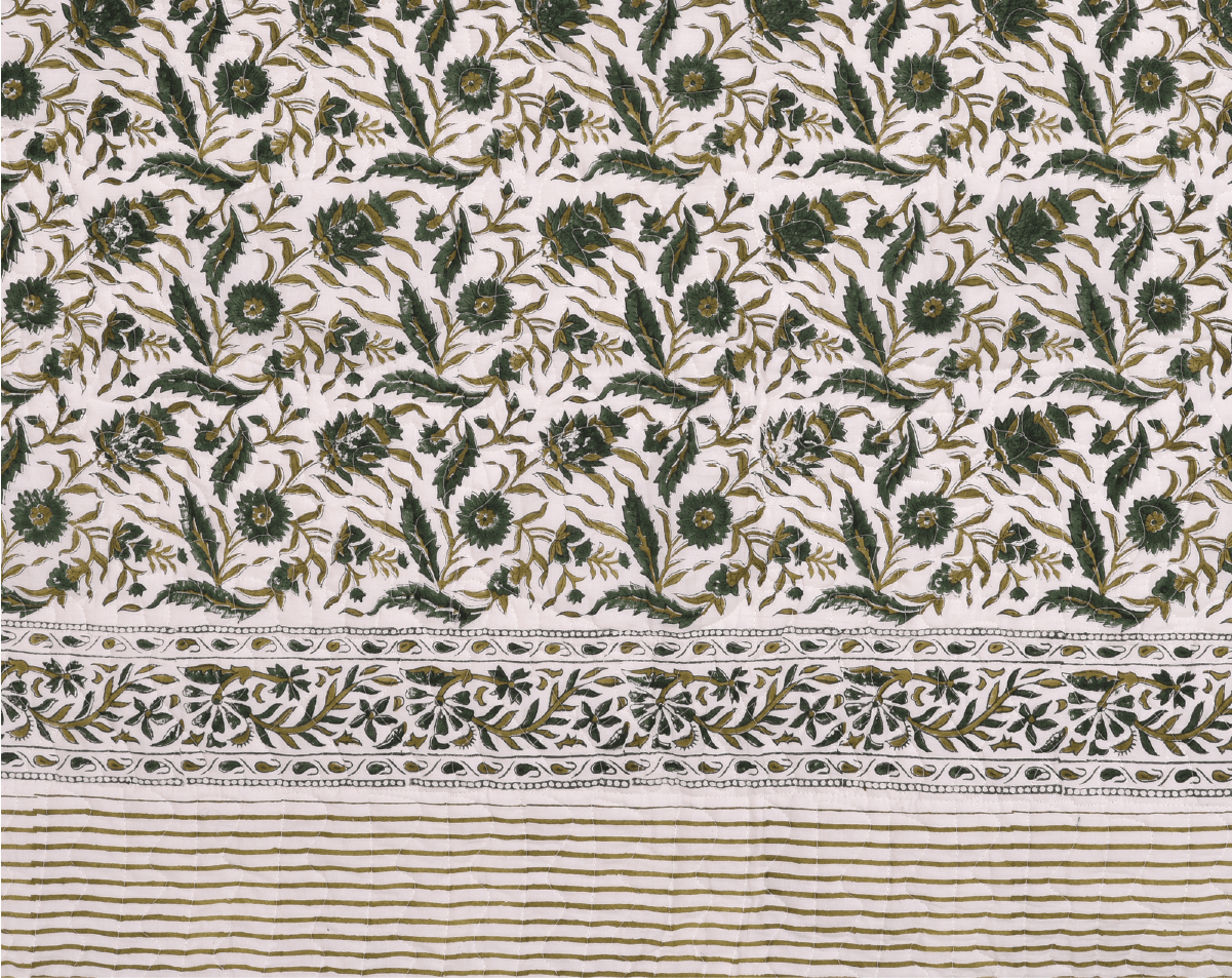 Machine Quilted Floral Green Block Print Quilt - Lushfab Jaipur