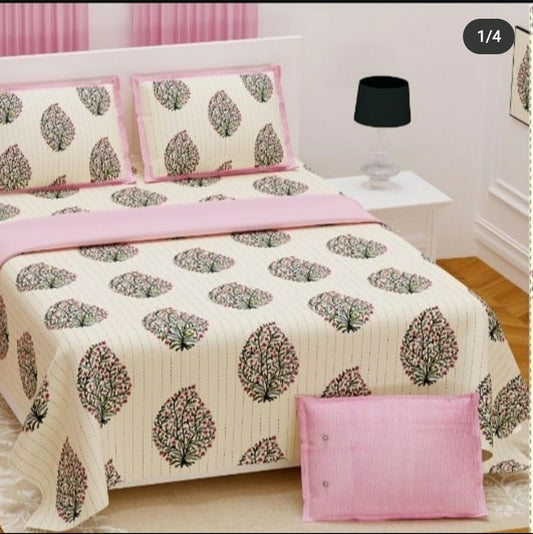 Jaipuri Print King Size Cotton Bedsheet (108 x 108) inch - Pink Tree