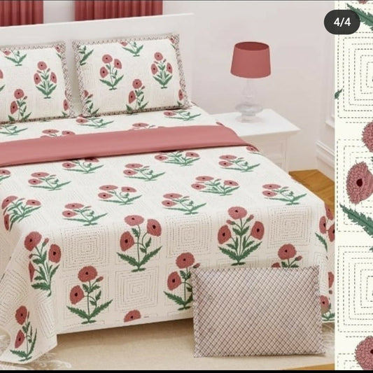 Jaipuri Print King Size Bedsheet (108x108) inch - Red Rose
