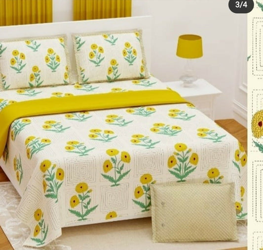 Jaipuri Print King size Cotton Bed Sheet (108x108) inch - Yellow Rose