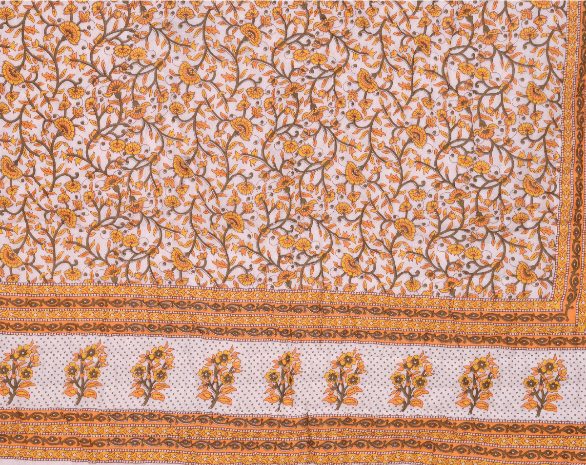 Orange Flower Sanganeri Print Cotton Razai /Quilt - Lushfab Jaipur