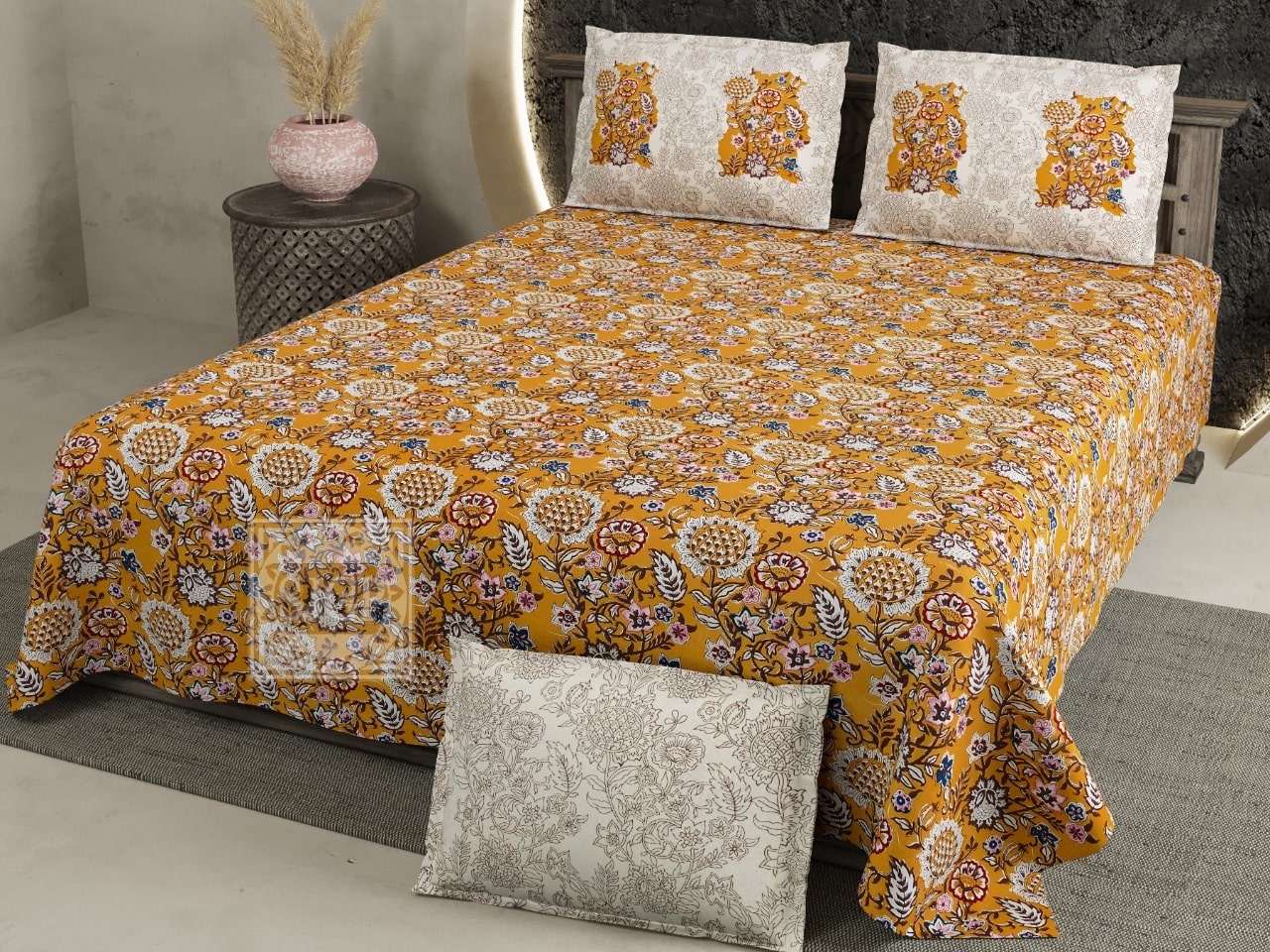 Pure Cotton Jaipuri King Size Bed Sheet (108x108) inch - Marigold