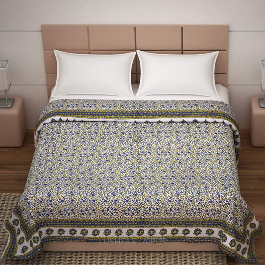 blue yellow jaipuri razai quilt double single bed -lushfab