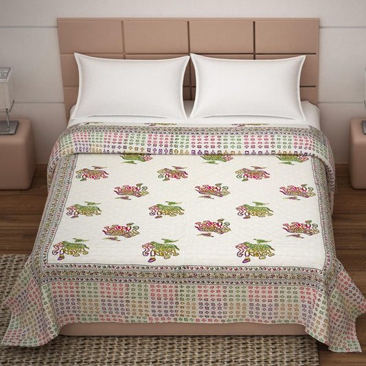 cotton block printed jaipuri elephant razai quilt double bed-lushfab