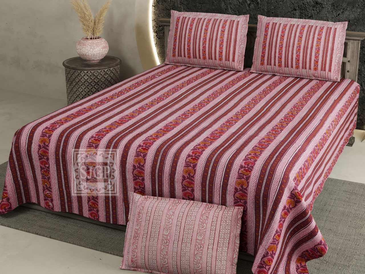 Pure Cotton Jaipuri King Size Bed Sheet (108x108) inch- Floral Stripes