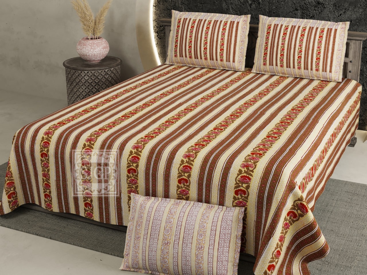 Pure Cotton Jaipuri King Size Bed Sheet (108x108) inch- Floral Stripes